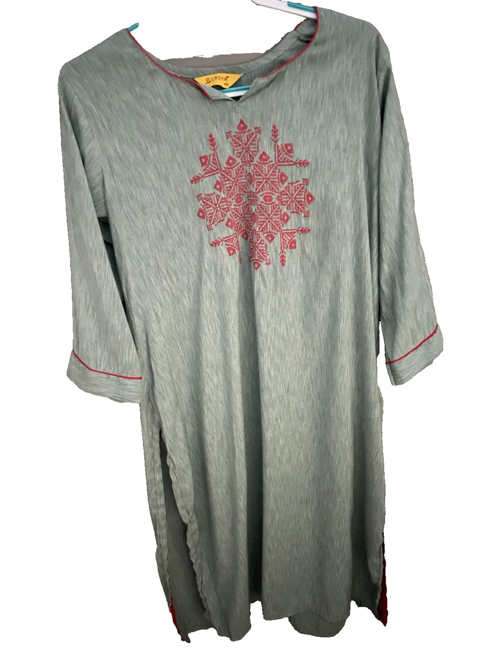 Lasya Dusty Eucalyptus Embroidered Tunic Dress Tagged 4X Fits Smaller